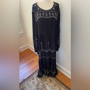 Knox Rose Black Embroidered Boho Peasant Maxi Dress XXL Rayon